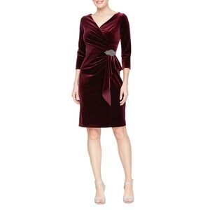 Alex Evenings Women's Short Velvet Cocktail Dress Wine V Neck Wrap Style Size 10